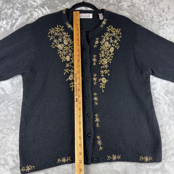 Karen Scott Silk Angora Cardigan Sweater Womens L Black Gold Bead Holiday (1052) - Picture 11 of 11